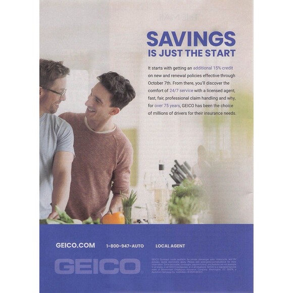 GEICO Print Ad Gay Interest LGBTQ+ Homosexual 2020 Pinup Poster Insurance Advert - Picture 1 of 1